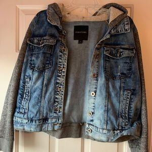 Jean jacket with heather gray sleeves and hood
